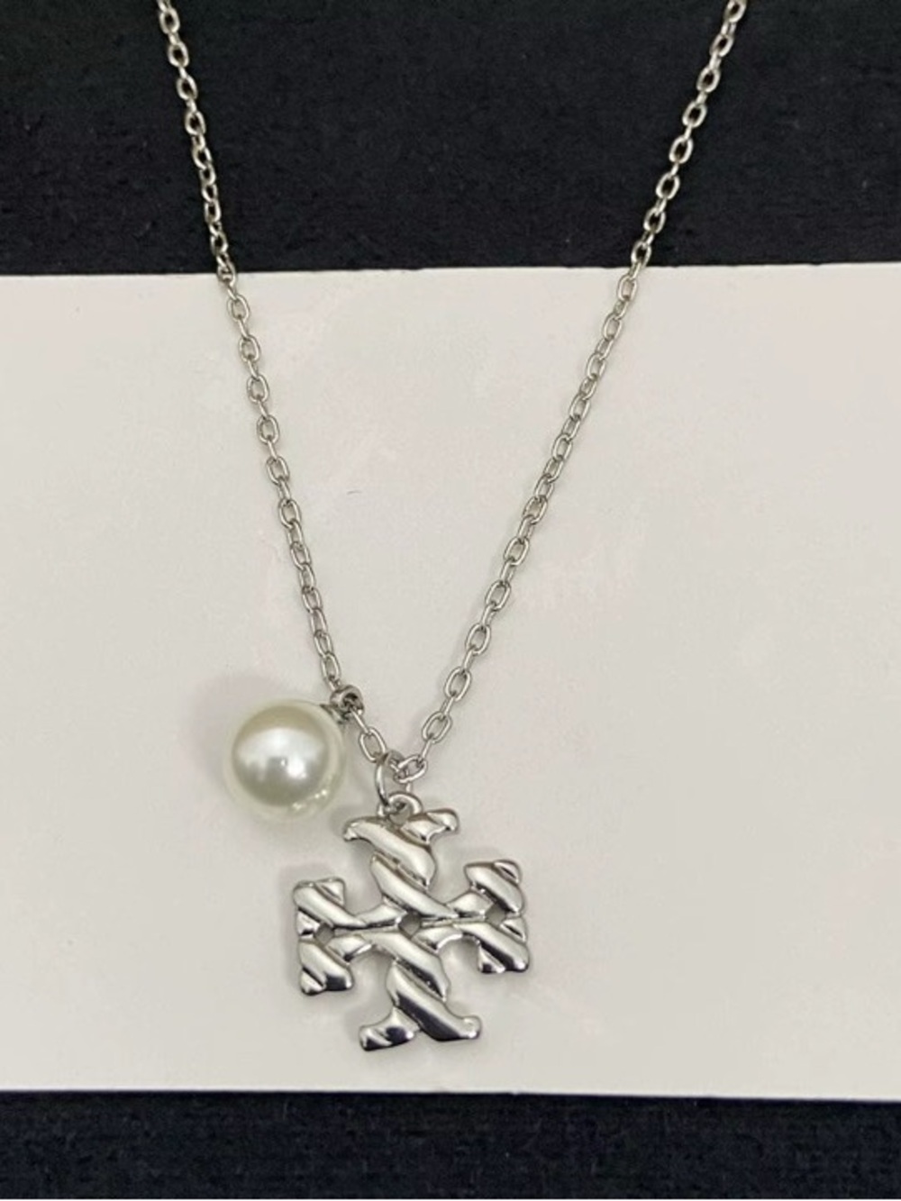 Tory Burch Silver Logo Pendant Necklace with White Pearl